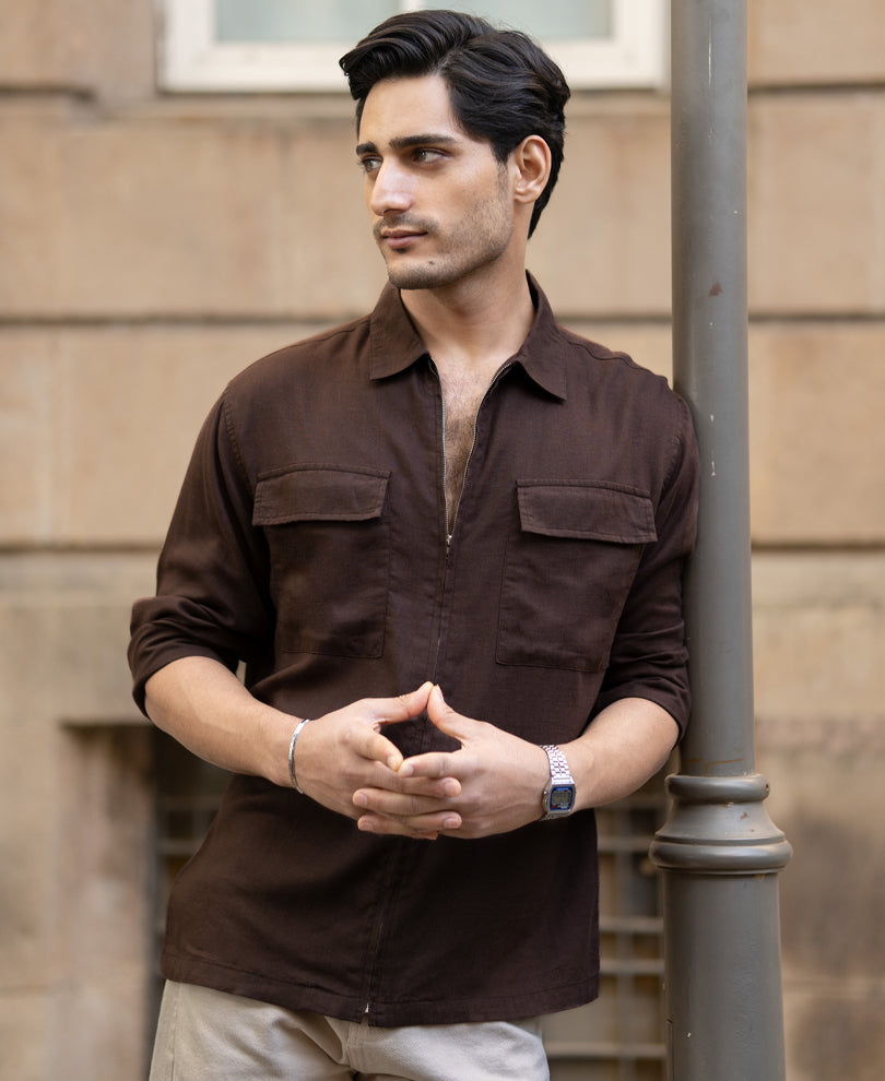 Coffee Brown Linen Blend Zipper Shirt.