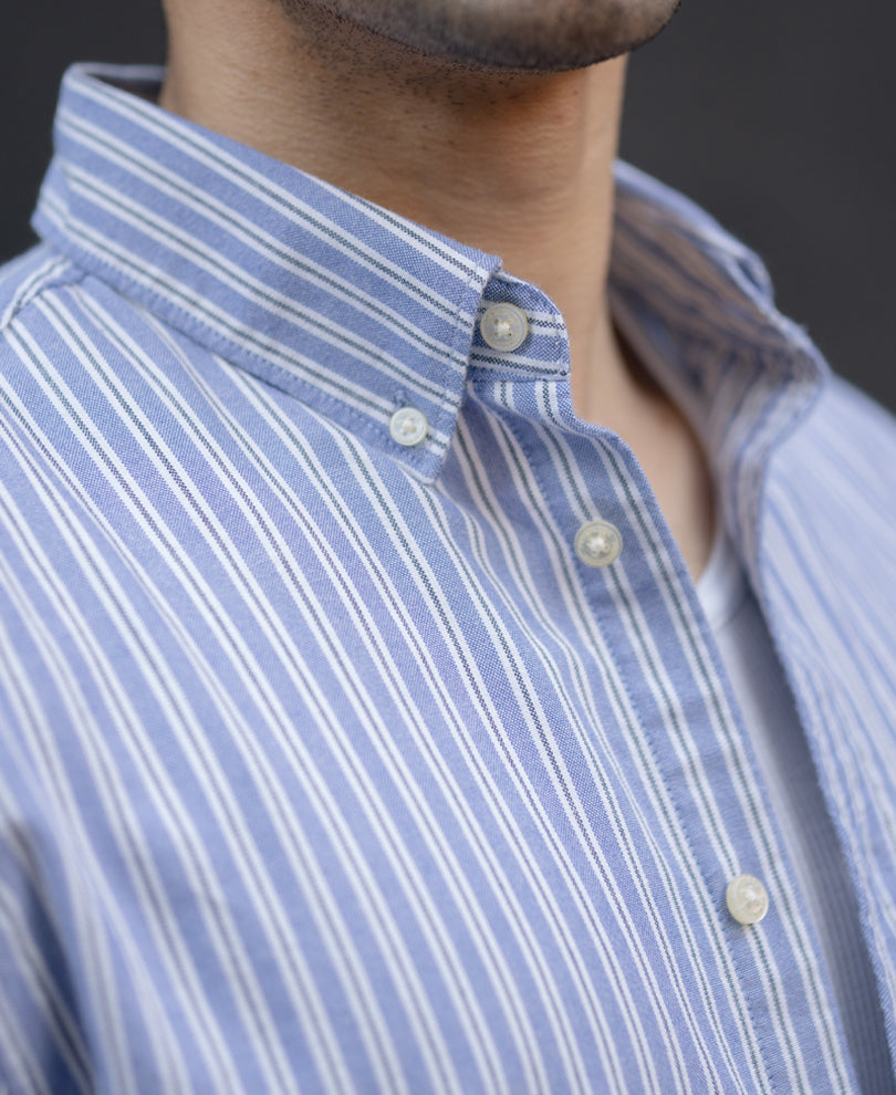 Blue Oxford Stripe Buttondown Shirt.