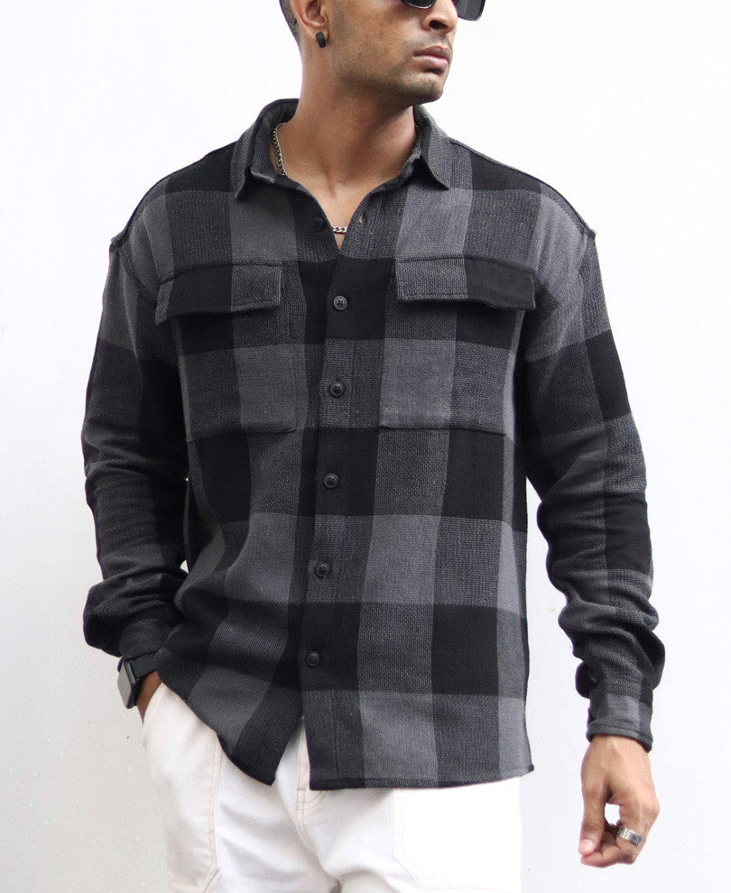 Charcoal Black Checks Structured Oversize Drop Shoulder Shirt.