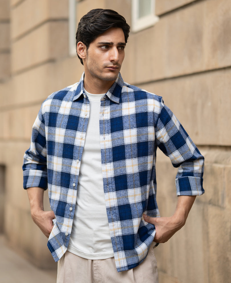 Blue Brushed Regular Fit Checks Shirt.