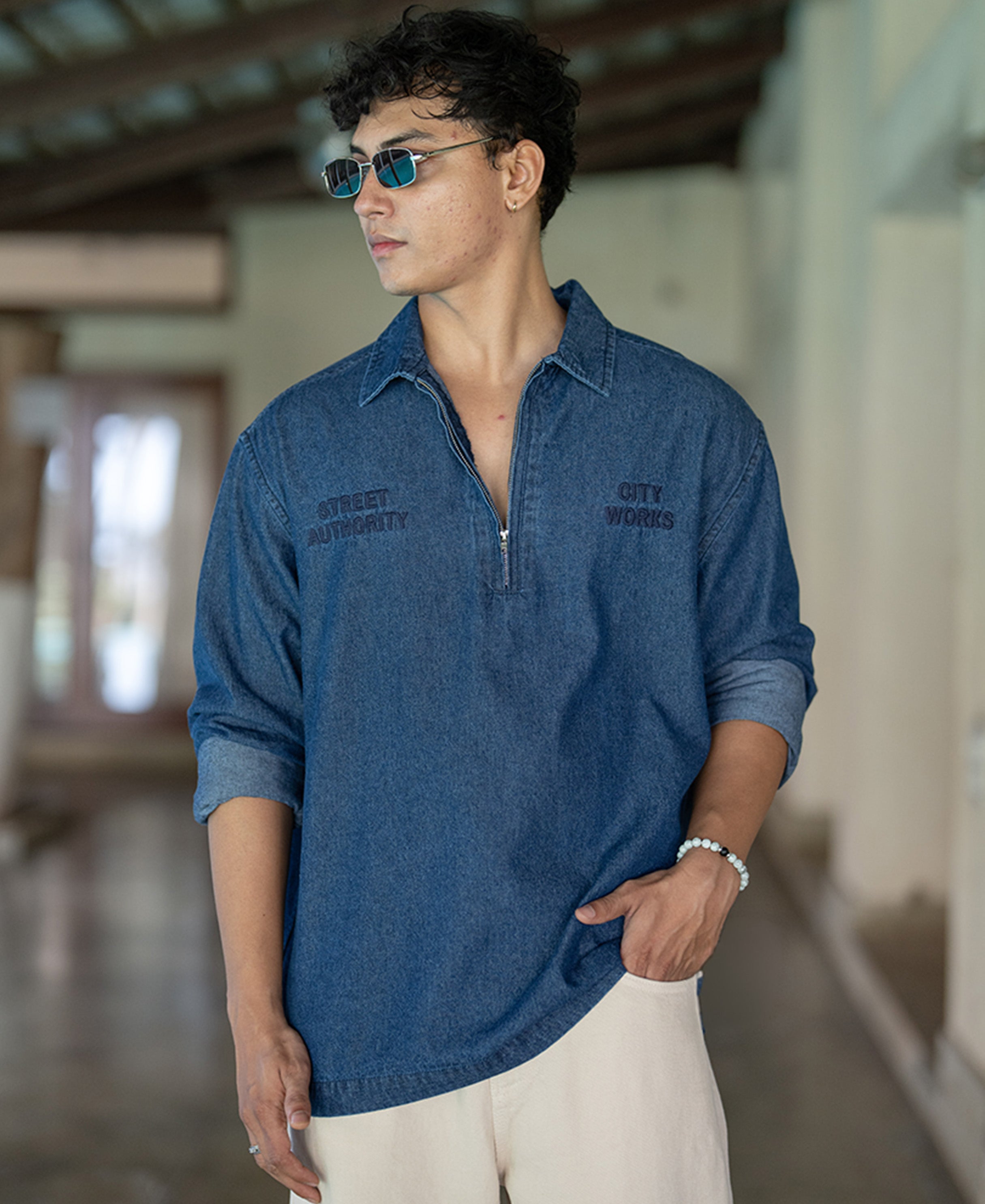 Indigo Embroidered Zipper Shirt 100% Cotton