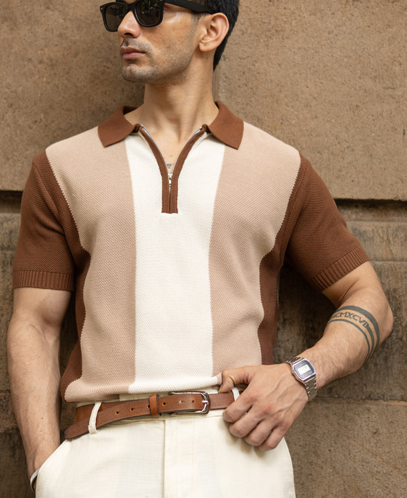 Beige & Brown Knit Stripe T-Shirt 100% Cotton