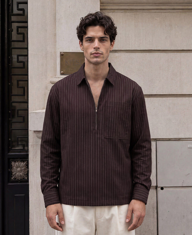 Brown Oxford Stripe Zipper Shirt