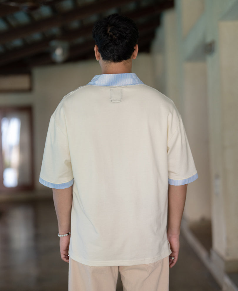 Cream Stripe Patch Embroidered T-Shirt