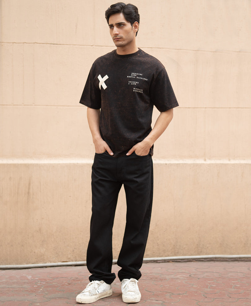 Dark Brown Washed Printed Oversized T-Shirt.
