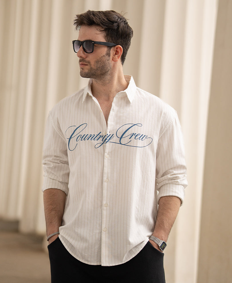 White Calligraphy Print Stripe Shirt 100% Cotton