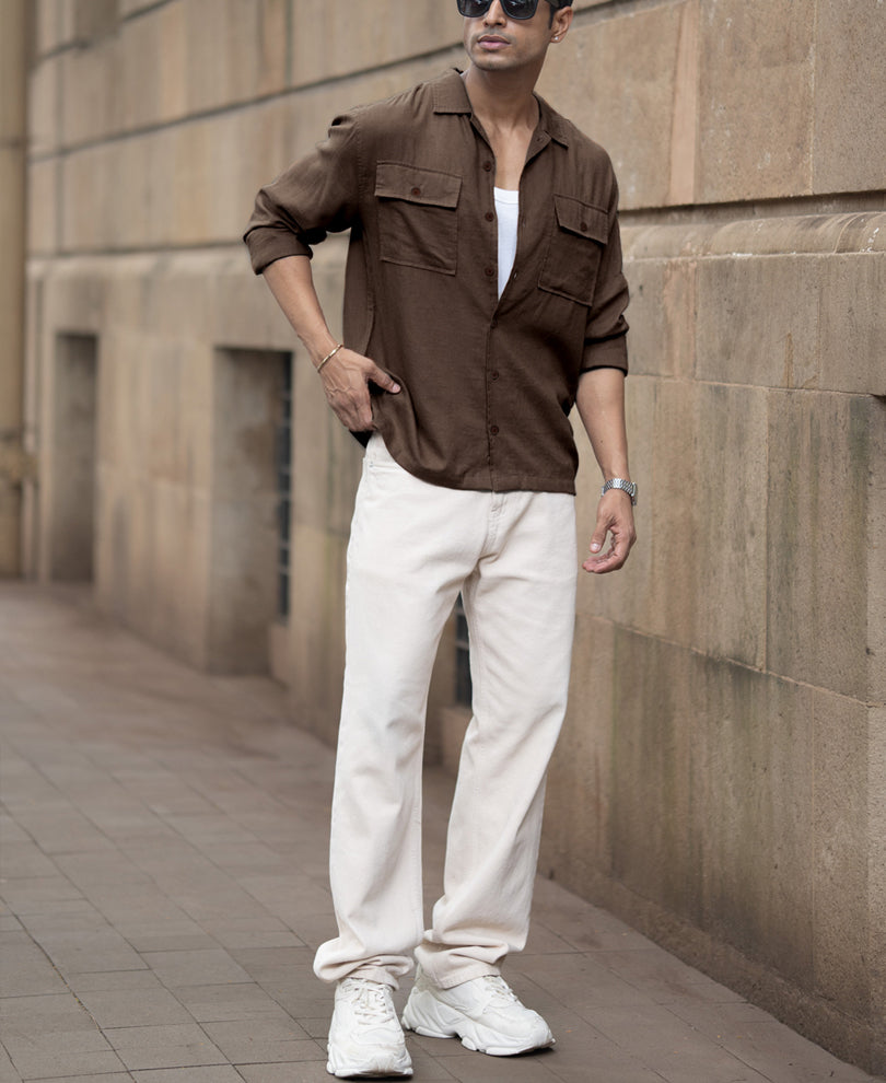 Brown Linen Double Pocket Shirt.