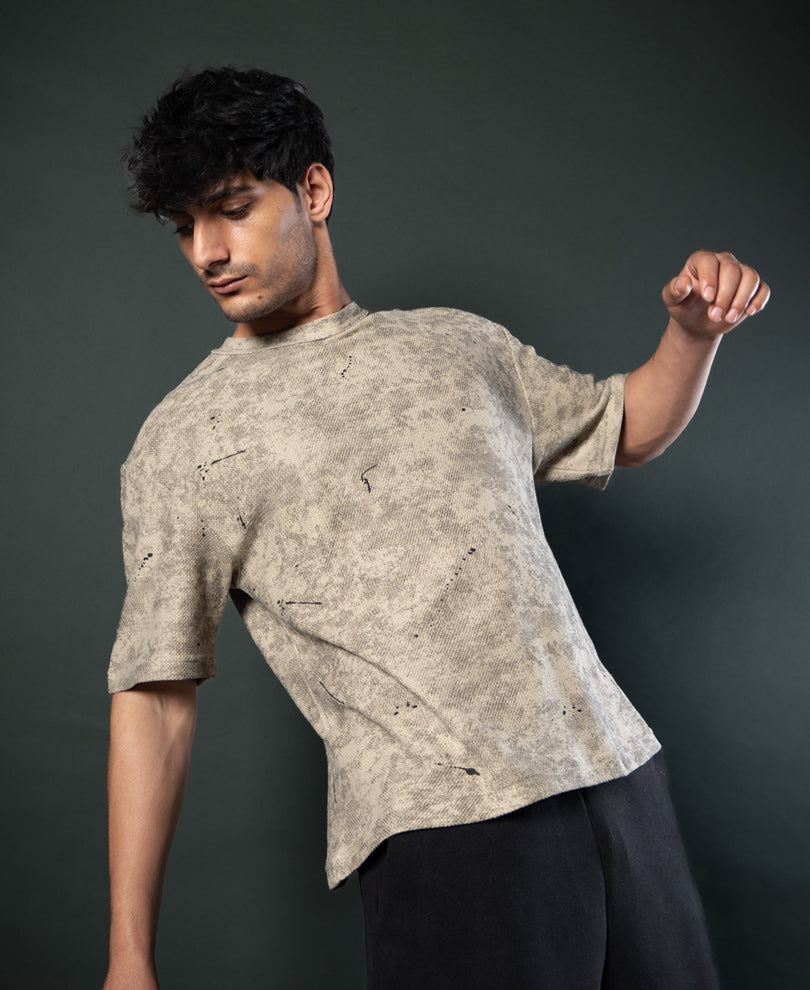 Dark Beige Tie Dye Print T-Shirt.
