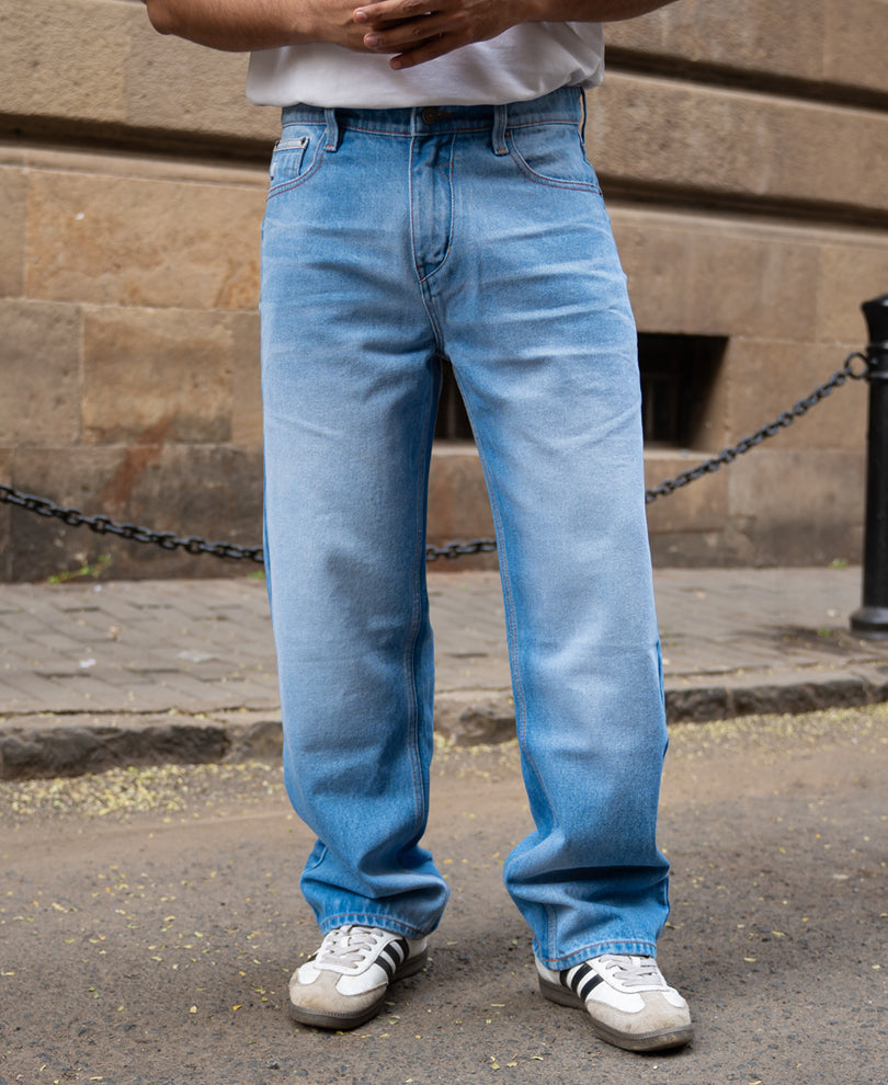 Mid Blue Washed Baggy Fit Jeans.
