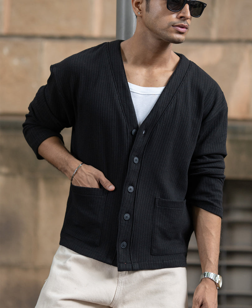 Black Structured Knit Cardigan.
