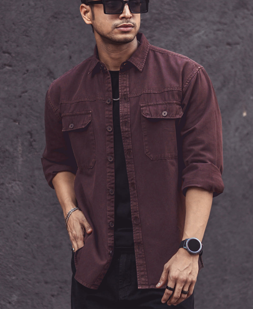 Dark Brown Denim Shacket Full Sleeves Shirt.