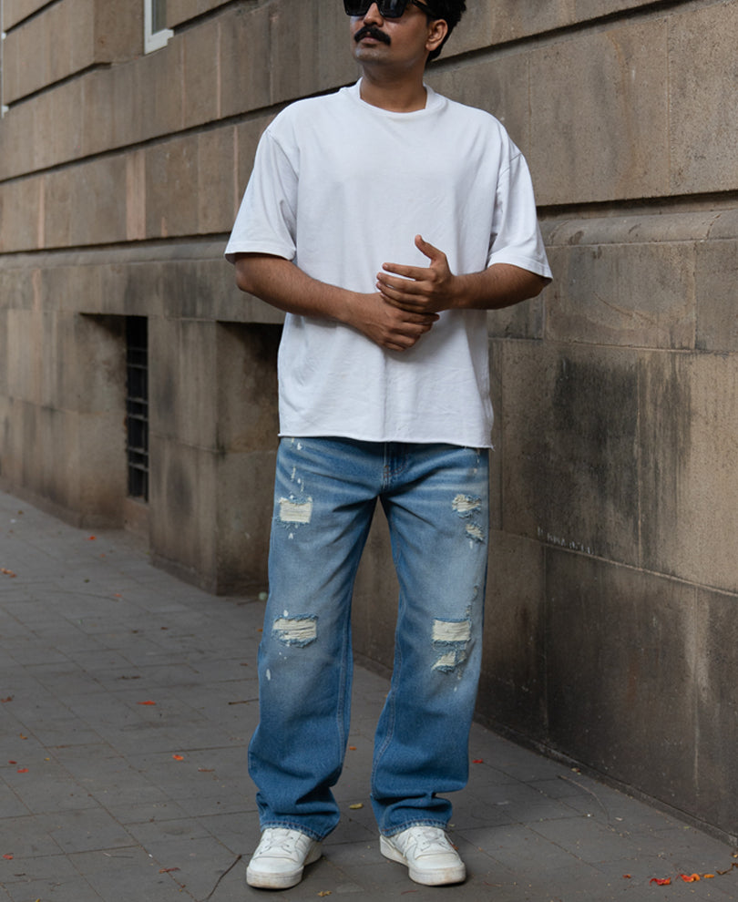 Mid Blue Distressed Baggy Jeans
