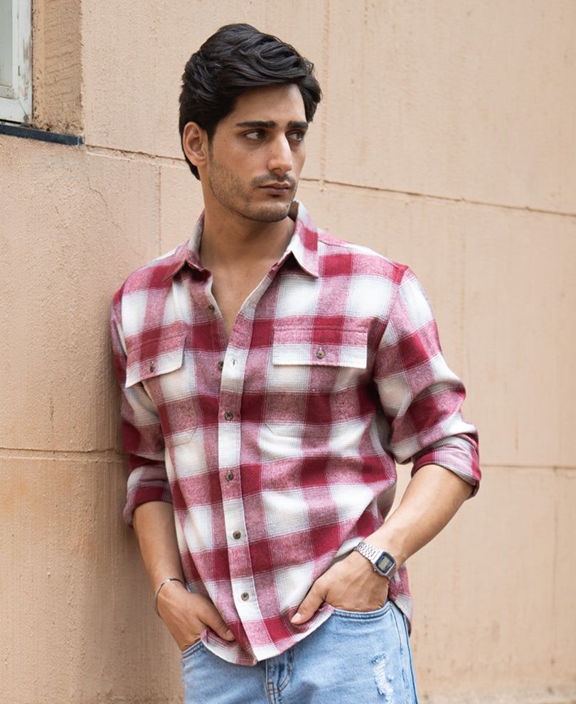 Maroon Checks Double Pocket Shirt.