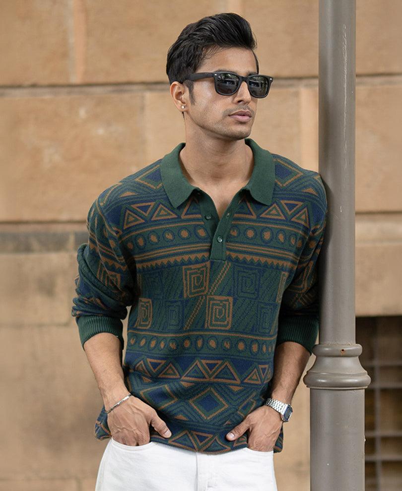 Multicolour Geometric Jacquard Knit T-Shirt 100% Cotton