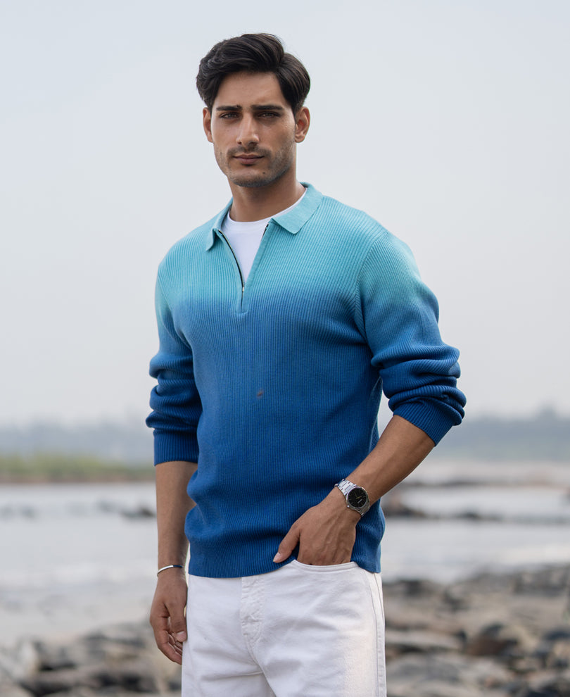 Blue Ombre Structure Cotton T-Shirt.