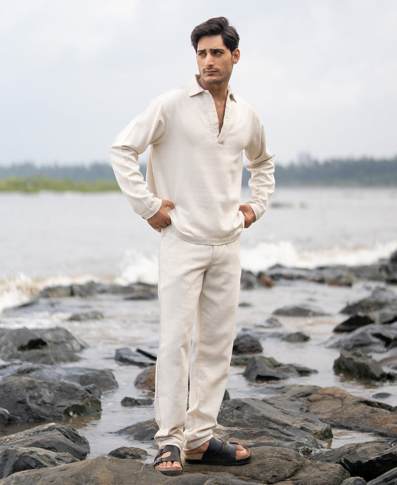 Cream Structured Cotton Trouser.