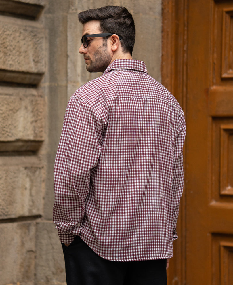 Wine Embroidered Micro Checks Shirt
