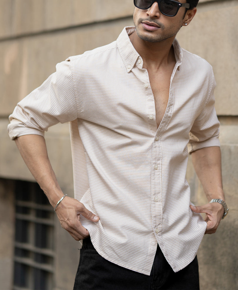 Beige Microchecks Oxford Shirt.