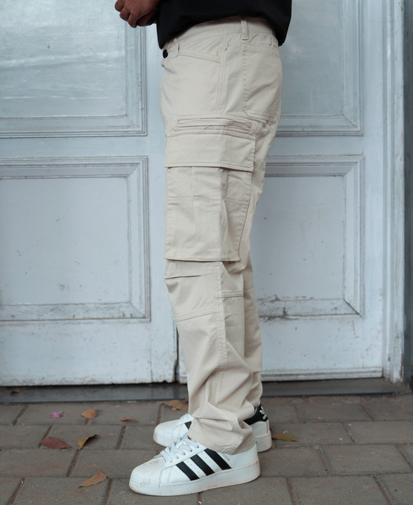 Beige Overdyed Cotton Cargo Pants