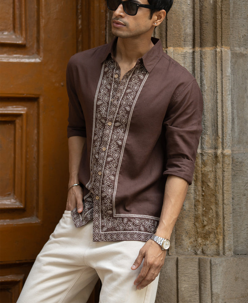 Dark Brown Linen Blend Embroidery Shirt.