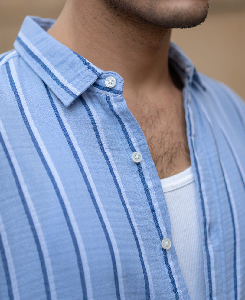 Blue Double Cloth Striped Shirt.