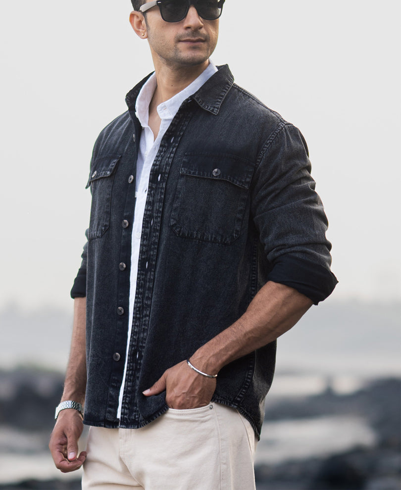 Black Charcoal Washed Denim Shirt.