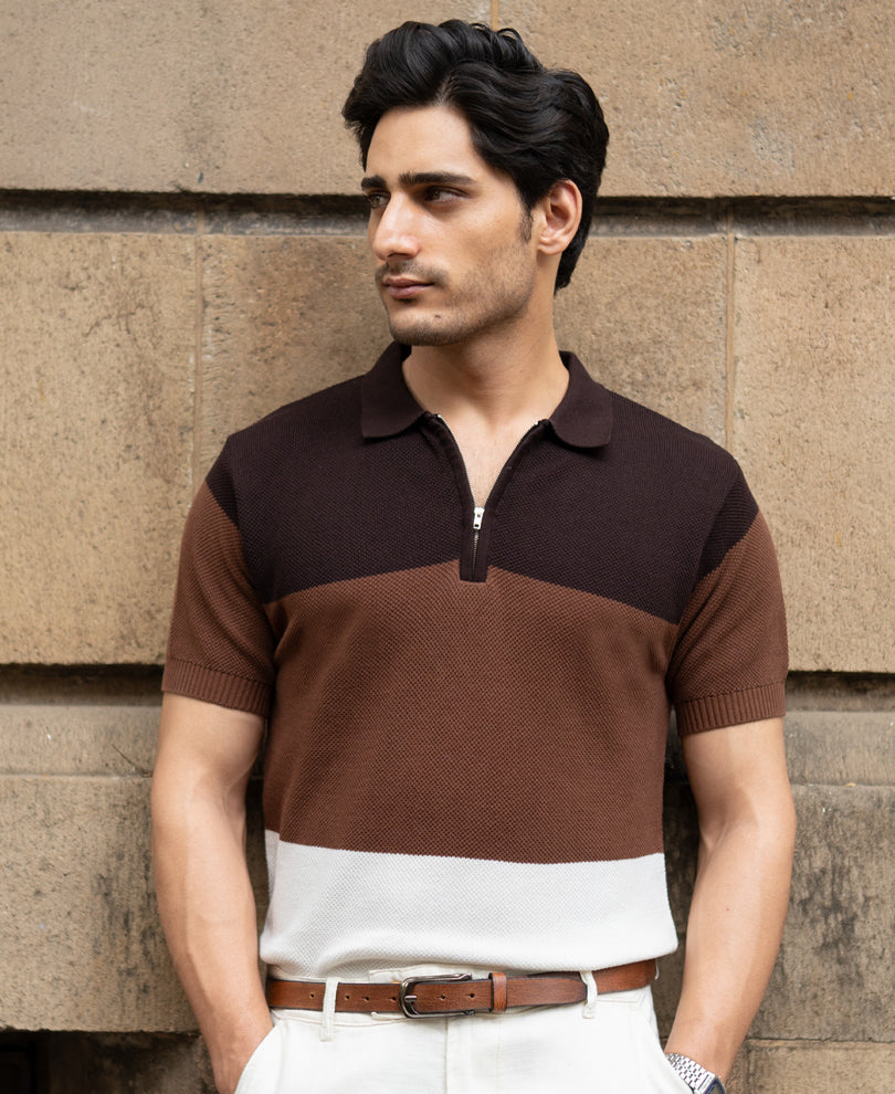 Brown & Beige Stripe Knit T-Shirt.