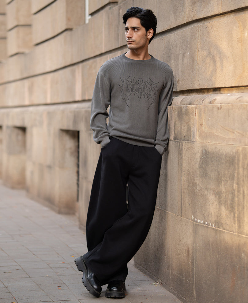 Grey Washed Printed Knit Jumper 100% Cotton