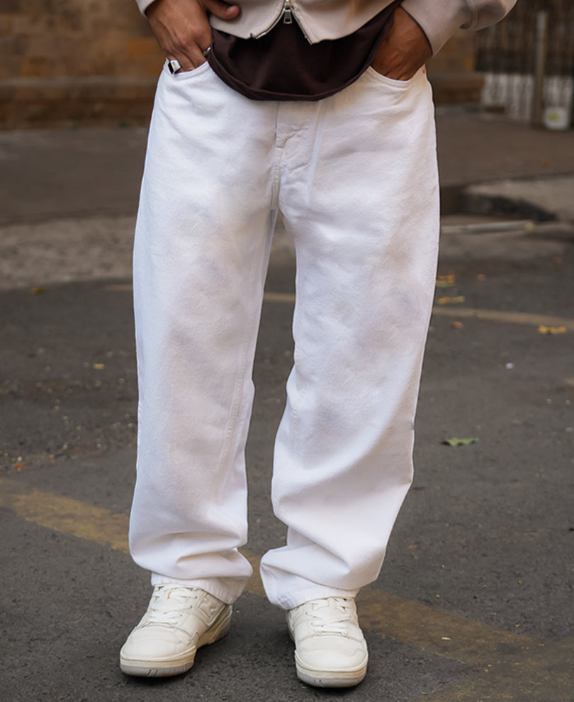 White Denim Solid Baggy Fit Jeans.