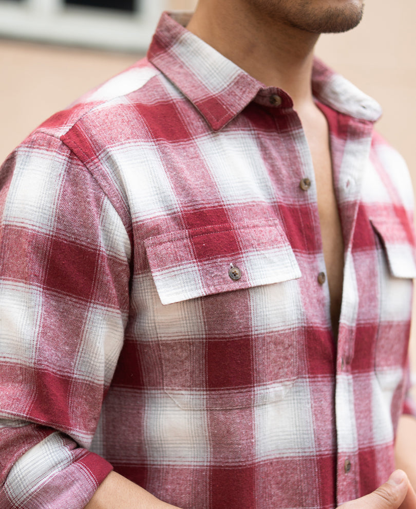 Maroon Checks Double Pocket Shirt.