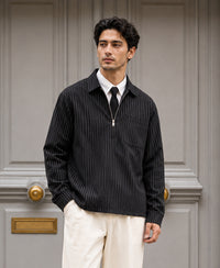 Black Oxford Stripe Zipper Shirt