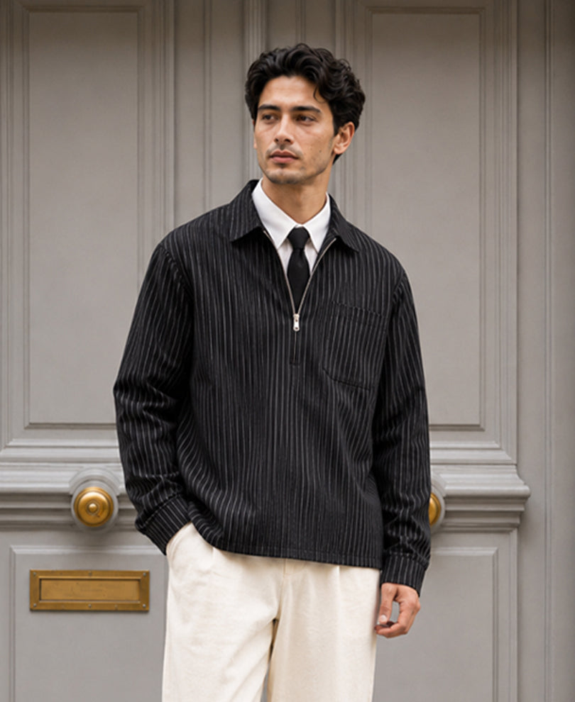 Black Oxford Stripe Zipper Shirt
