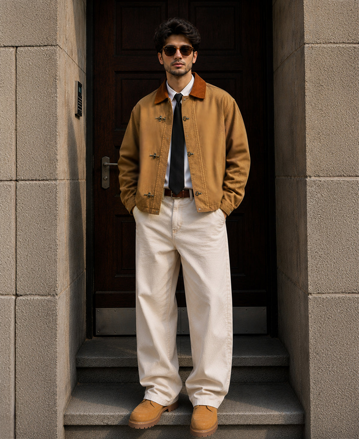 Light Brown Denim Jacket With Fireman Clasps