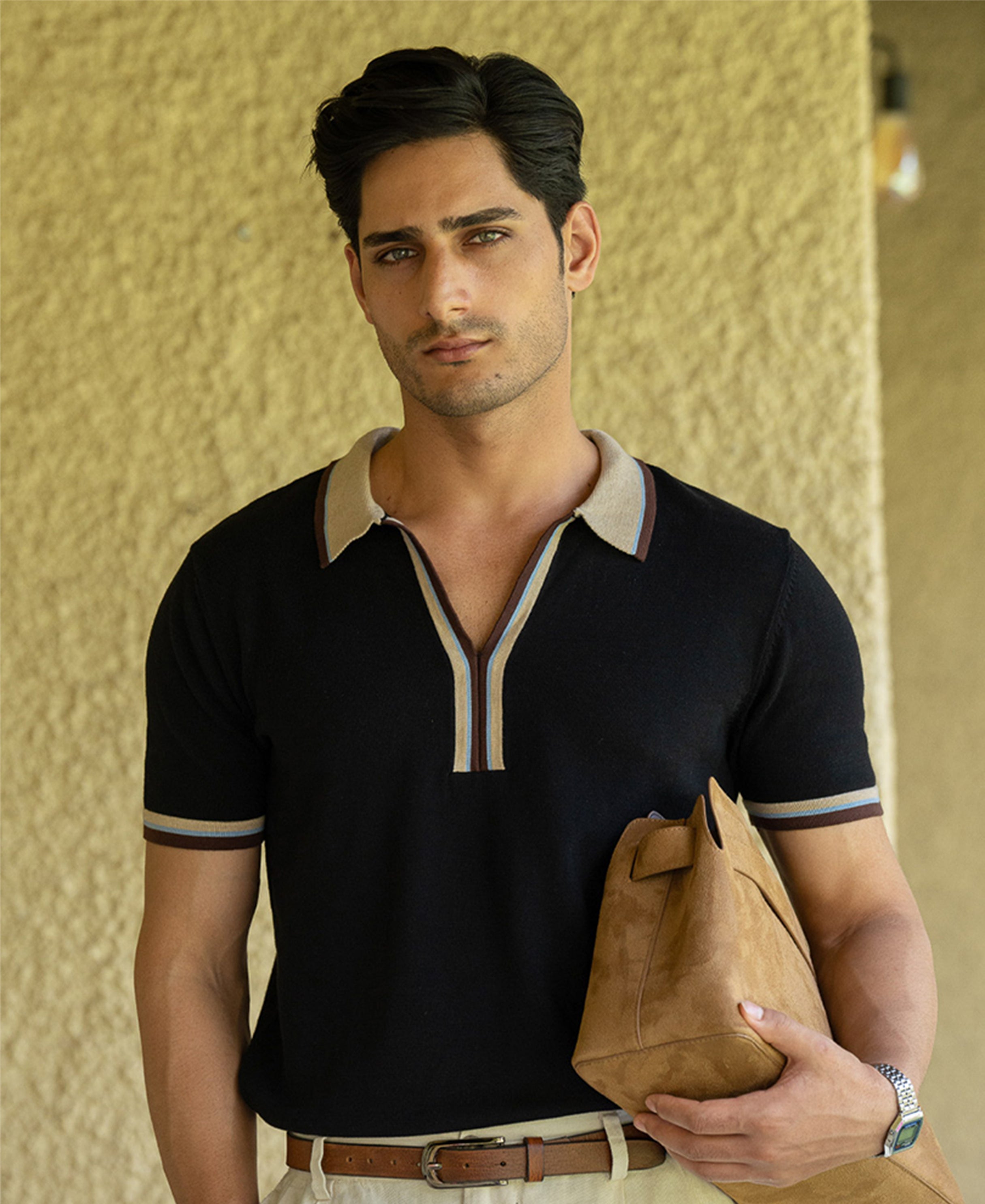 Black Contrast Collar Knit T-Shirt 100% Cotton