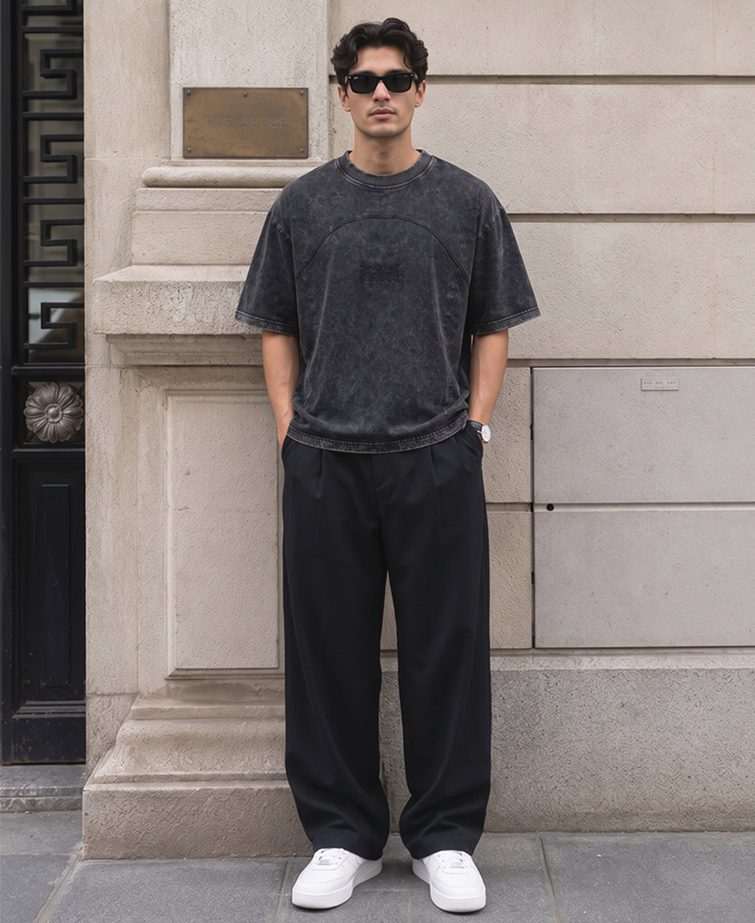 Grey Washed Panelled T-Shirt 100% Cotton