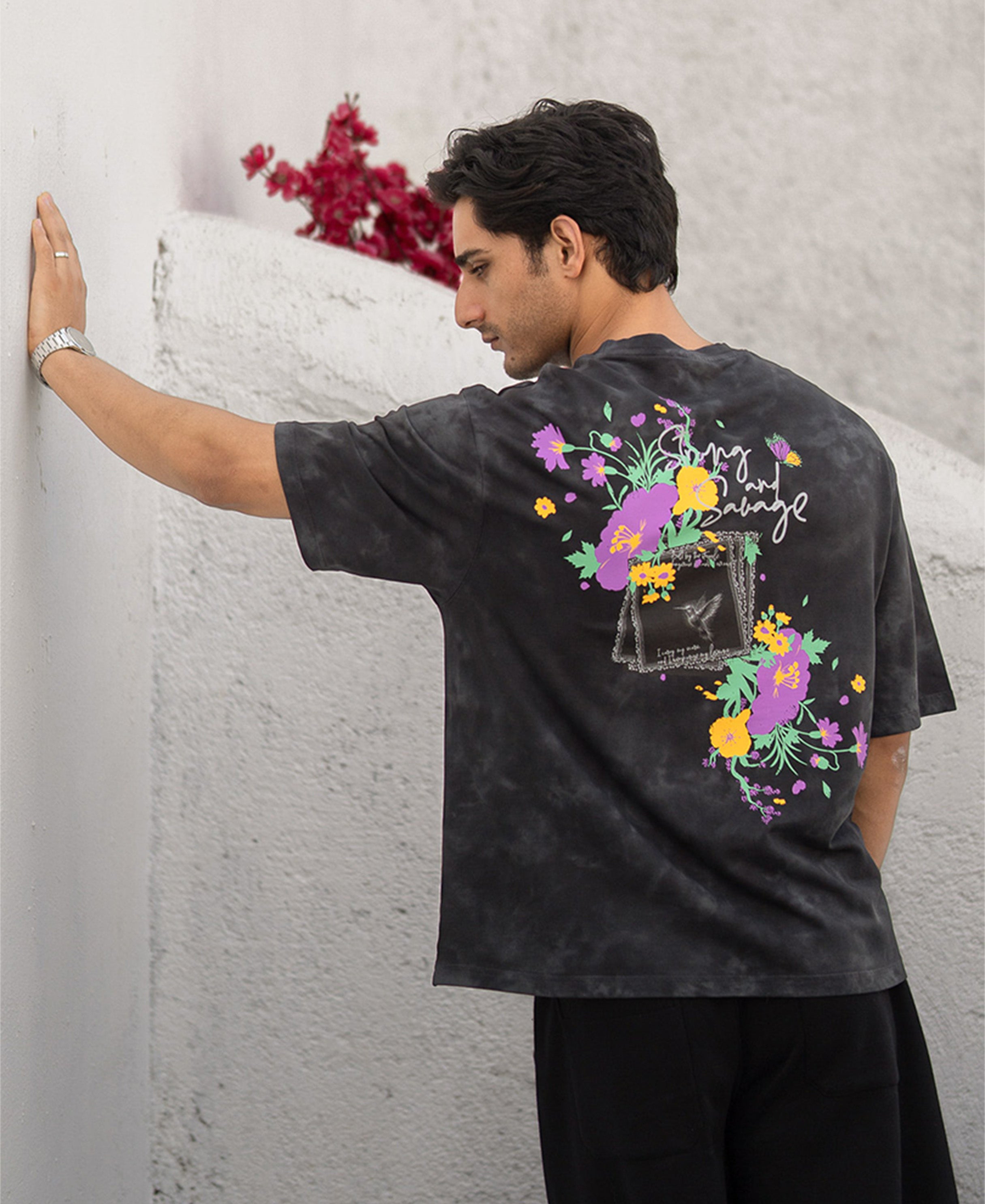 Black Washed Floral Print T-Shirt 100% Cotton