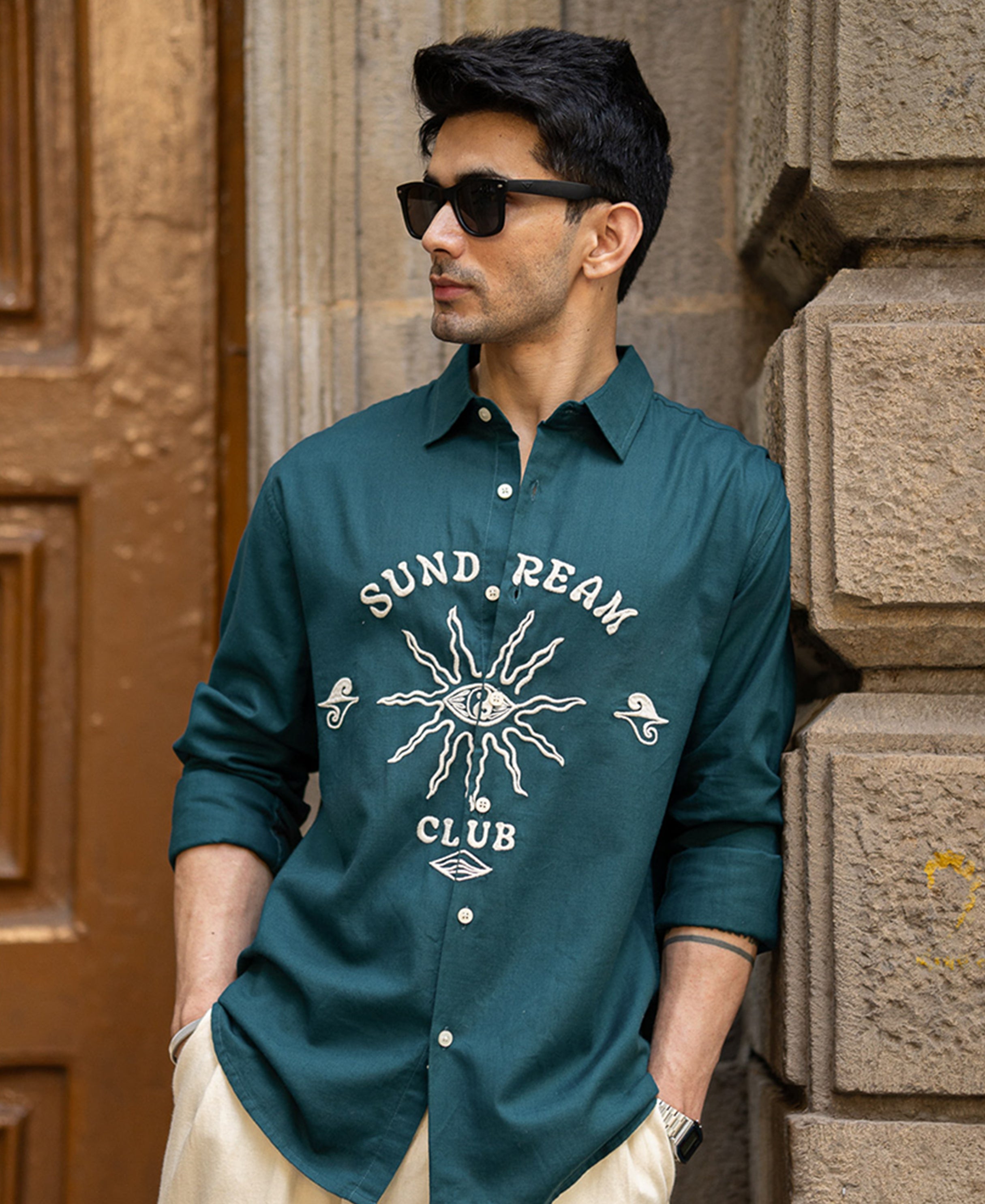 Teal Blue Embroidered Shirt 100% Cotton