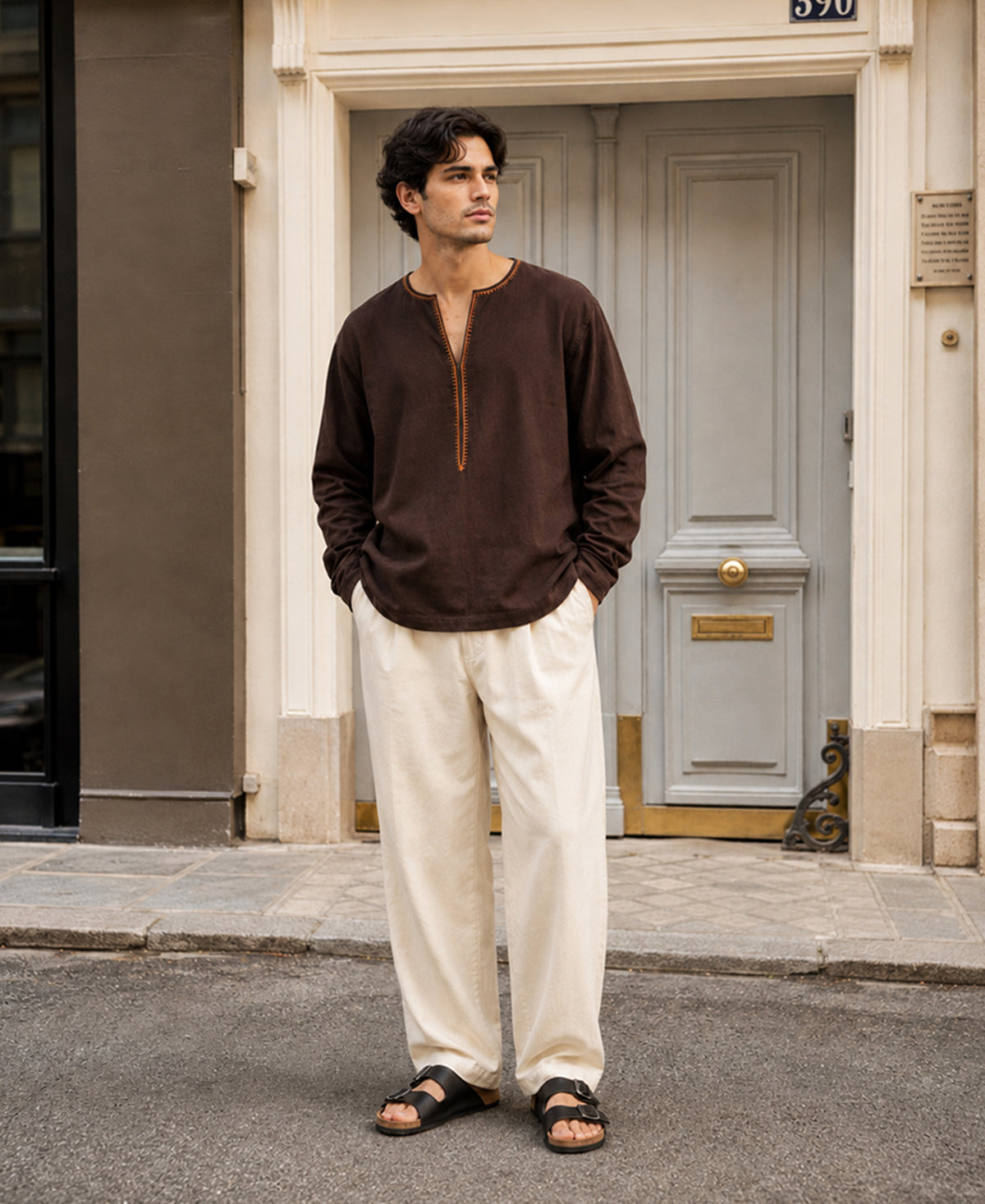 Brown Embroidered Linen Blend Kurta Shirt