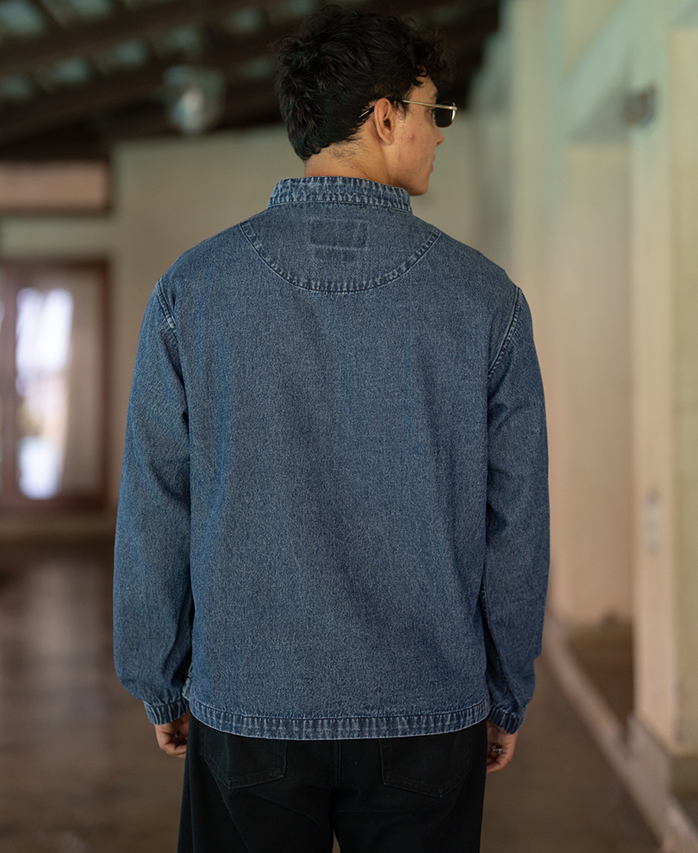 Dark Blue Washed Denim Zipper Shirt