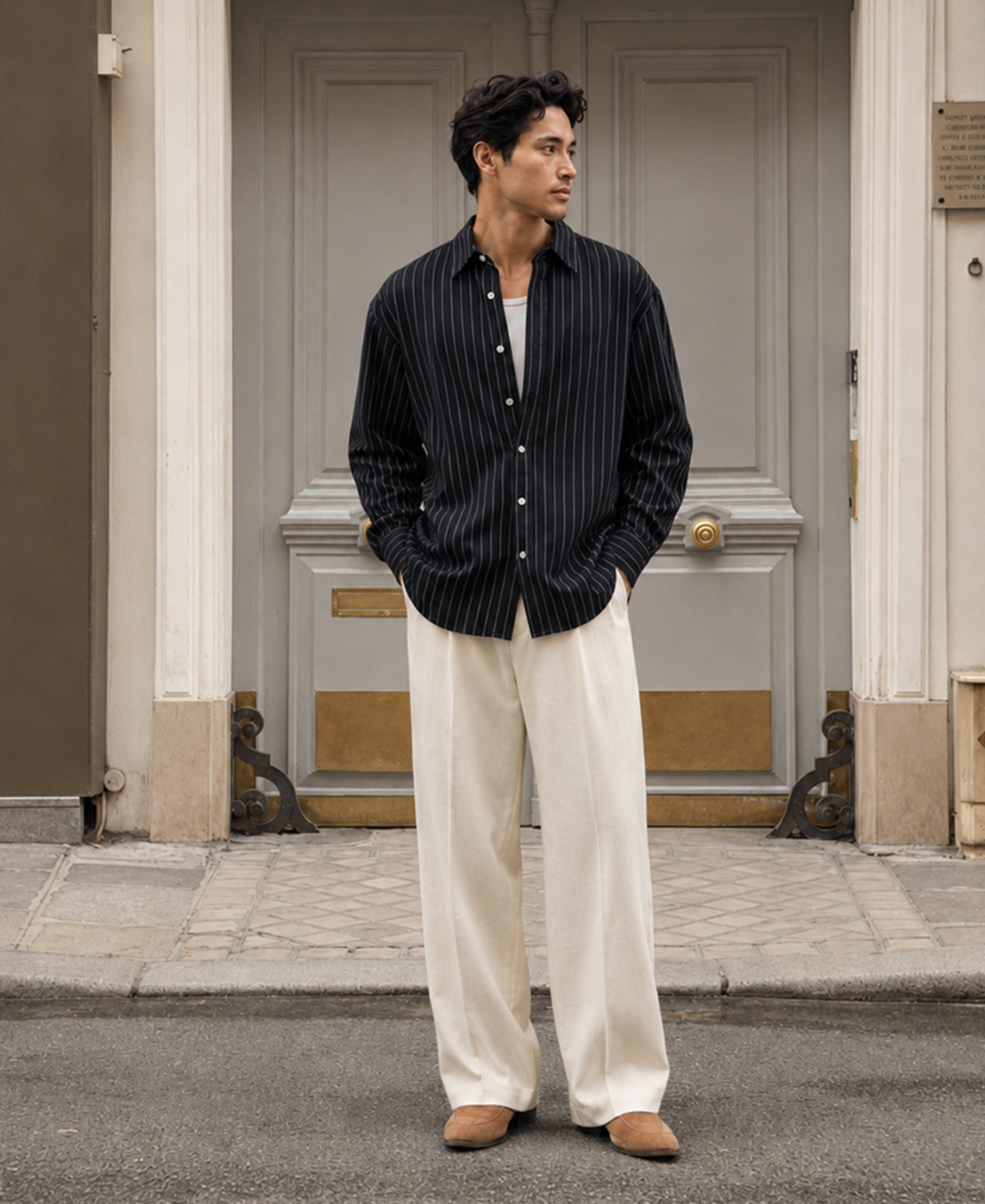 Black Cotton Oxford. Stripe Shirt