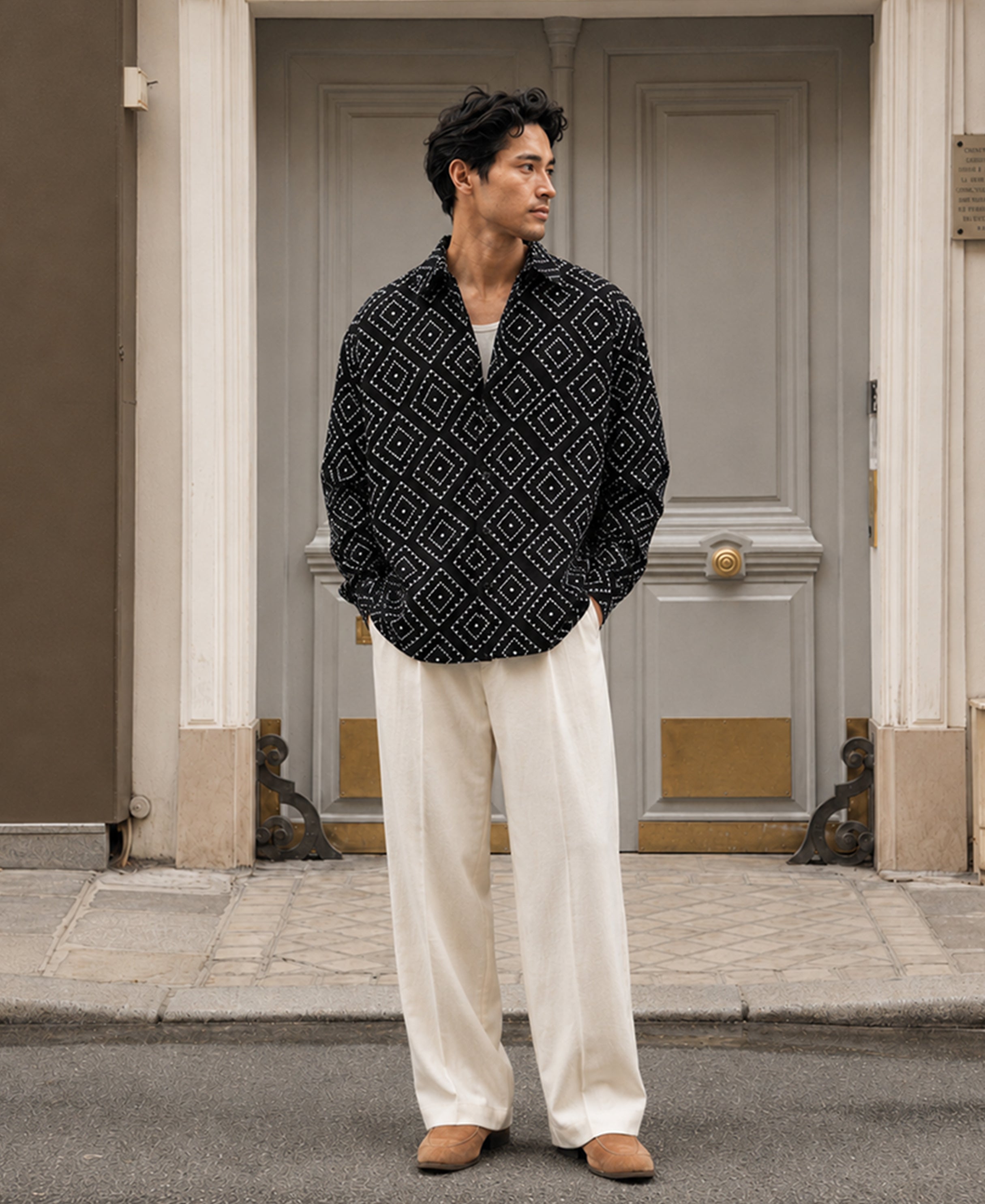 Black Geometric Embroidery Shirt 100% Cotton