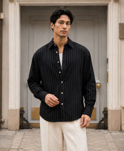 Black Cotton Oxford. Stripe Shirt