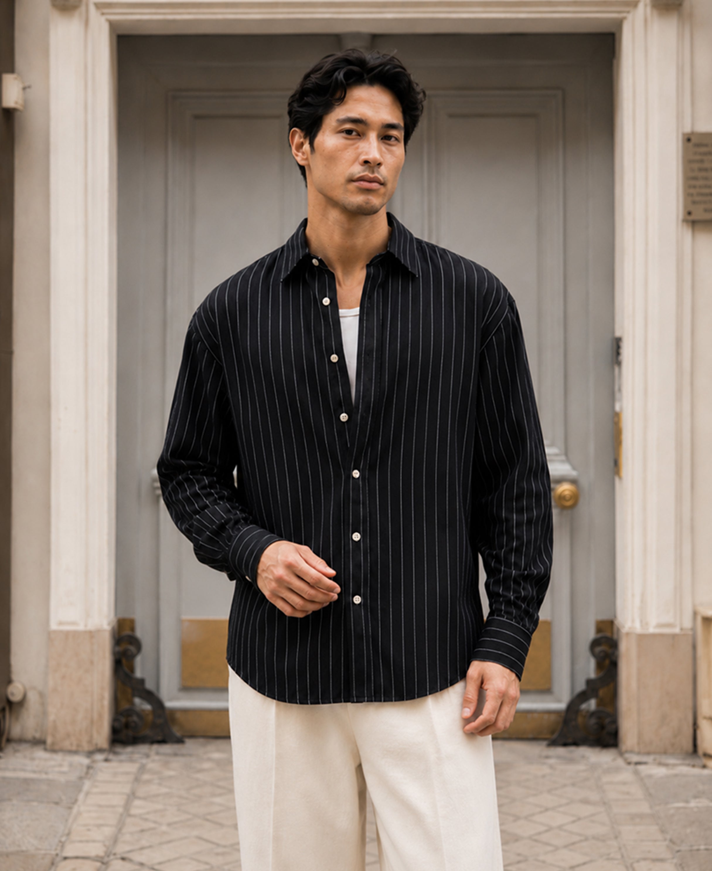 Black Cotton Oxford. Stripe Shirt