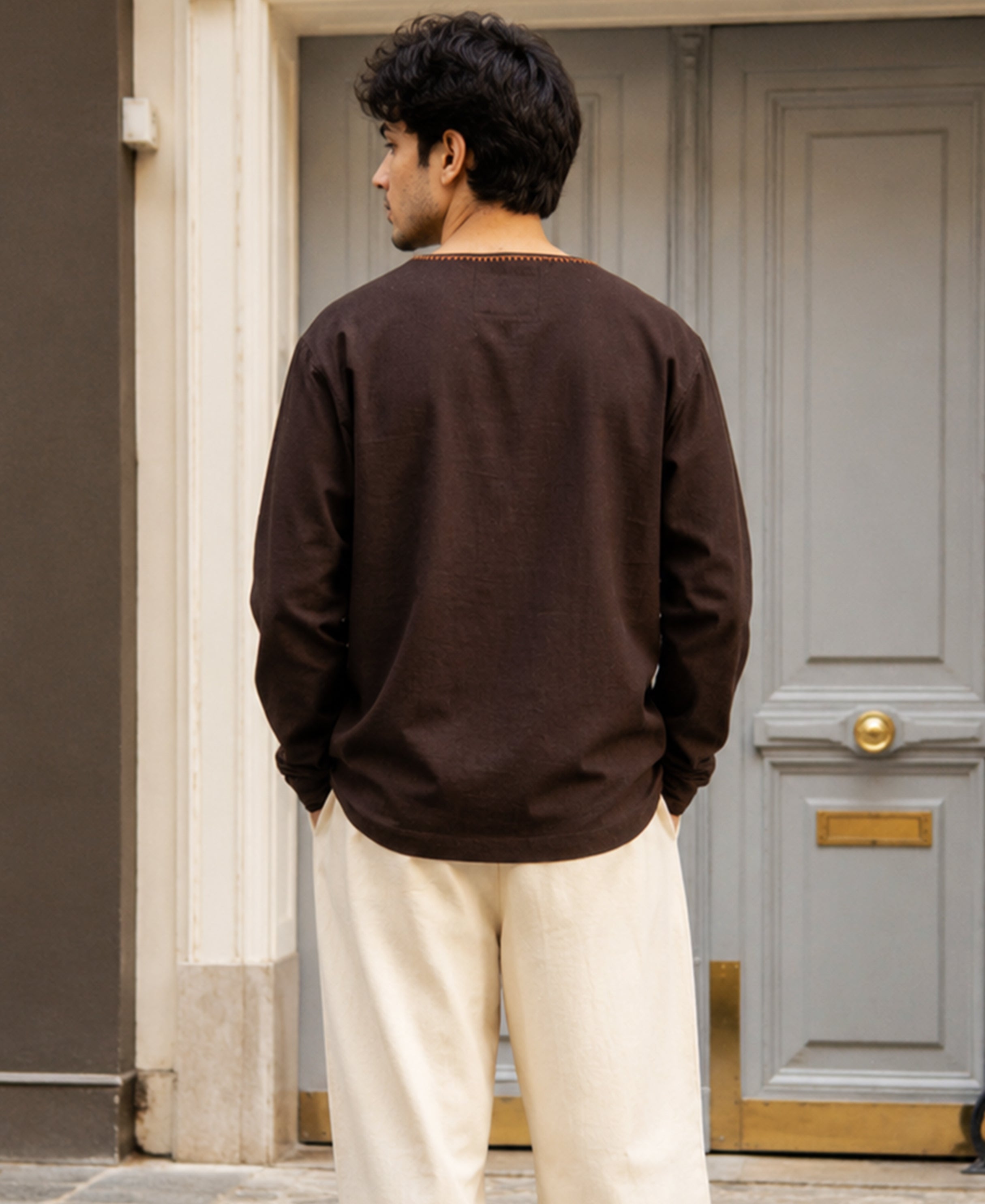 Brown Embroidered Linen Blend Kurta Shirt