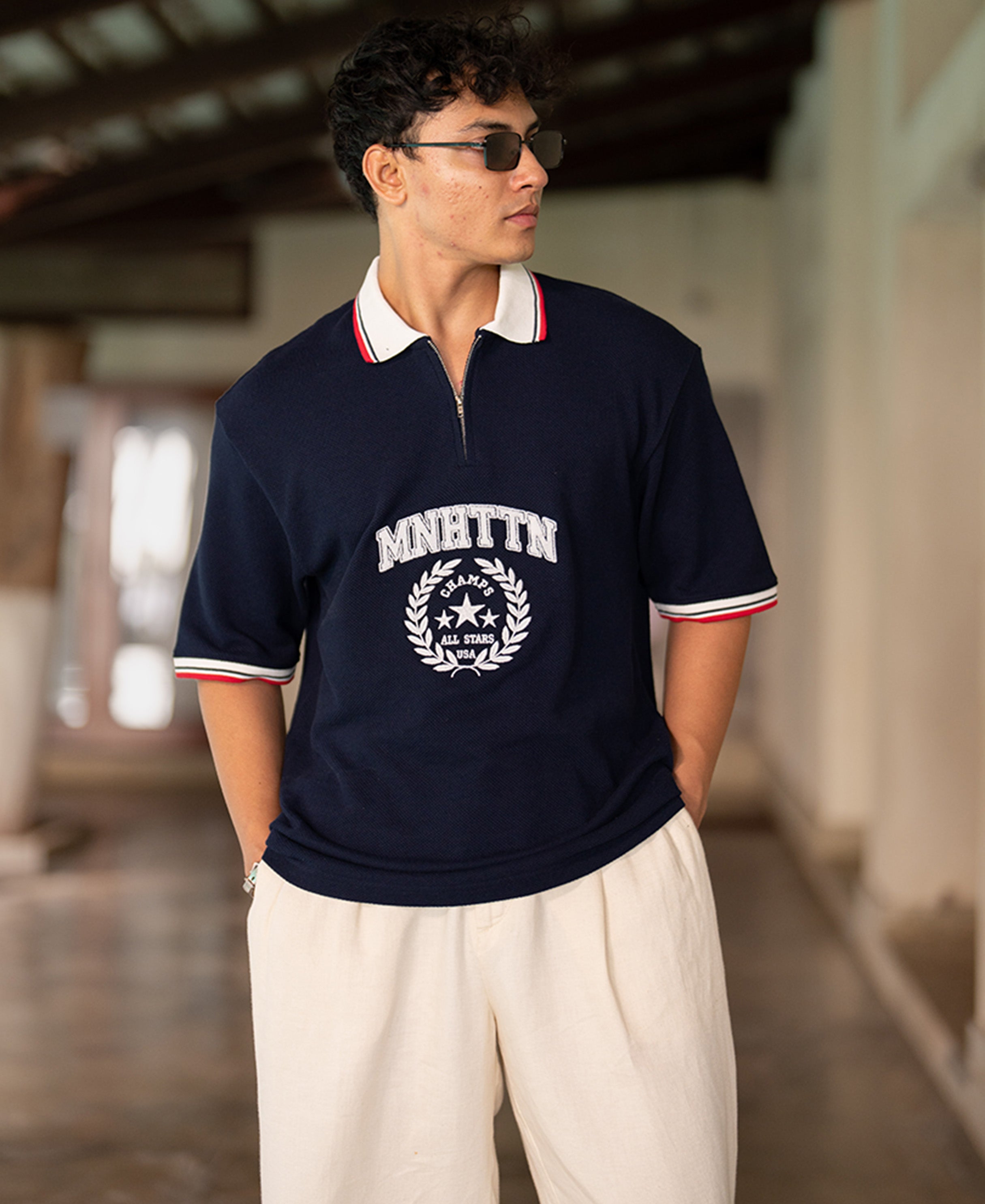 Navy Structured Embroidery T-Shirt