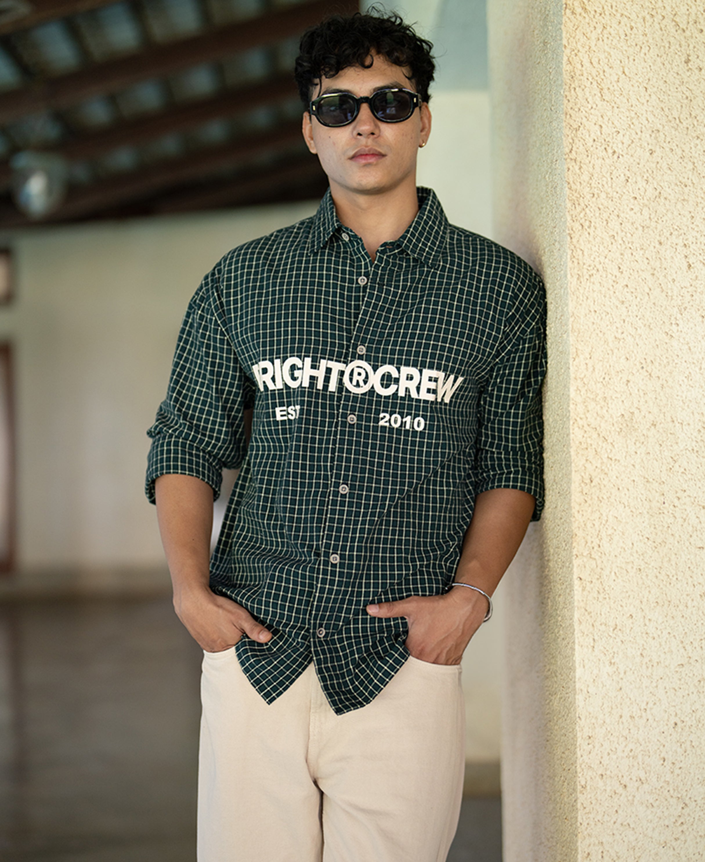 Pine Green Printed Checks Shirt 100% Cotton