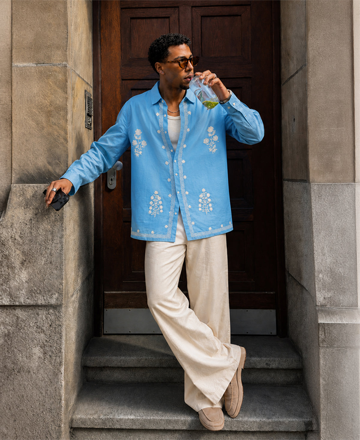 Sky Blue Floral Embroidery Shirt