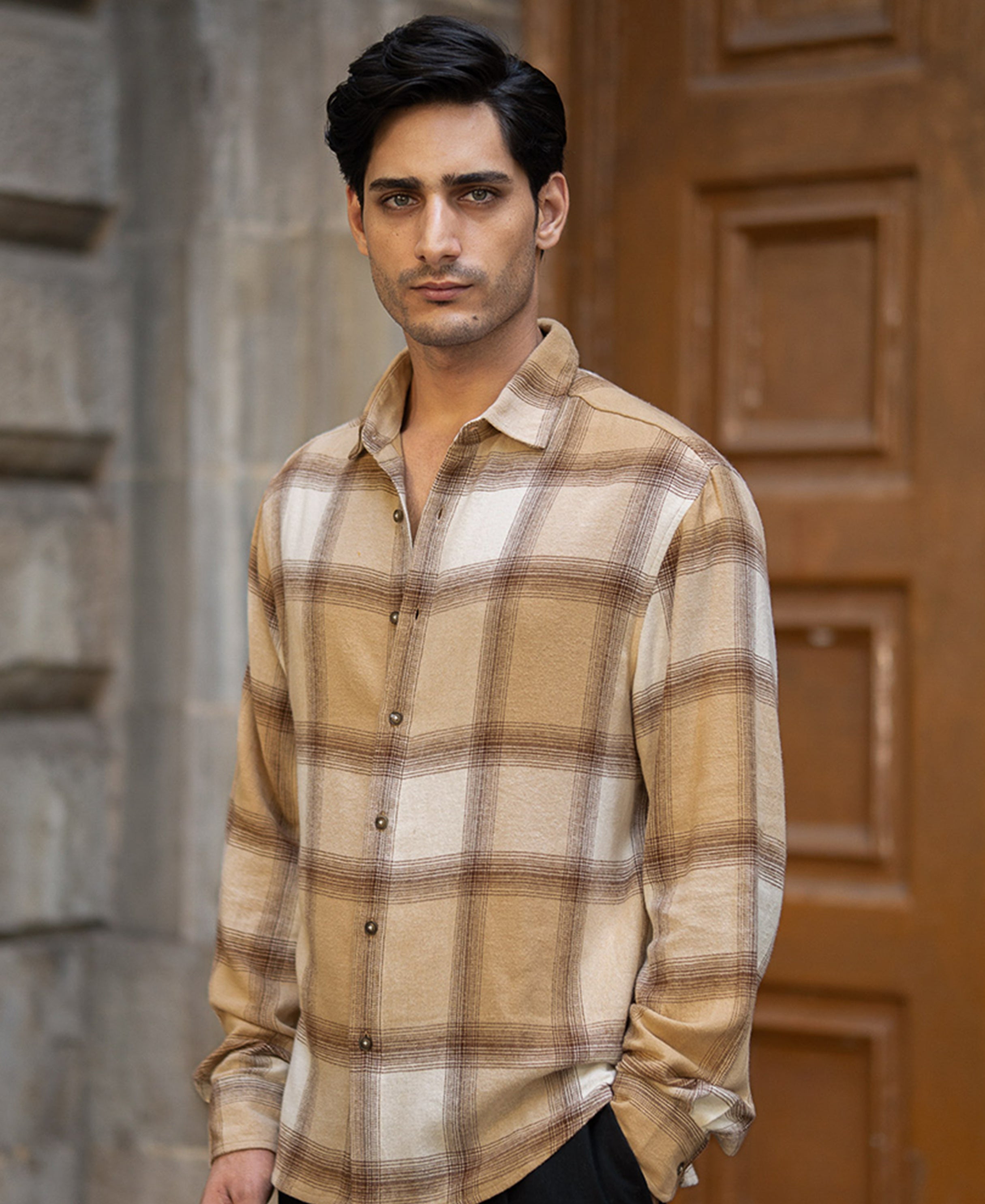 Beige Checks Shirt 100% Cotton