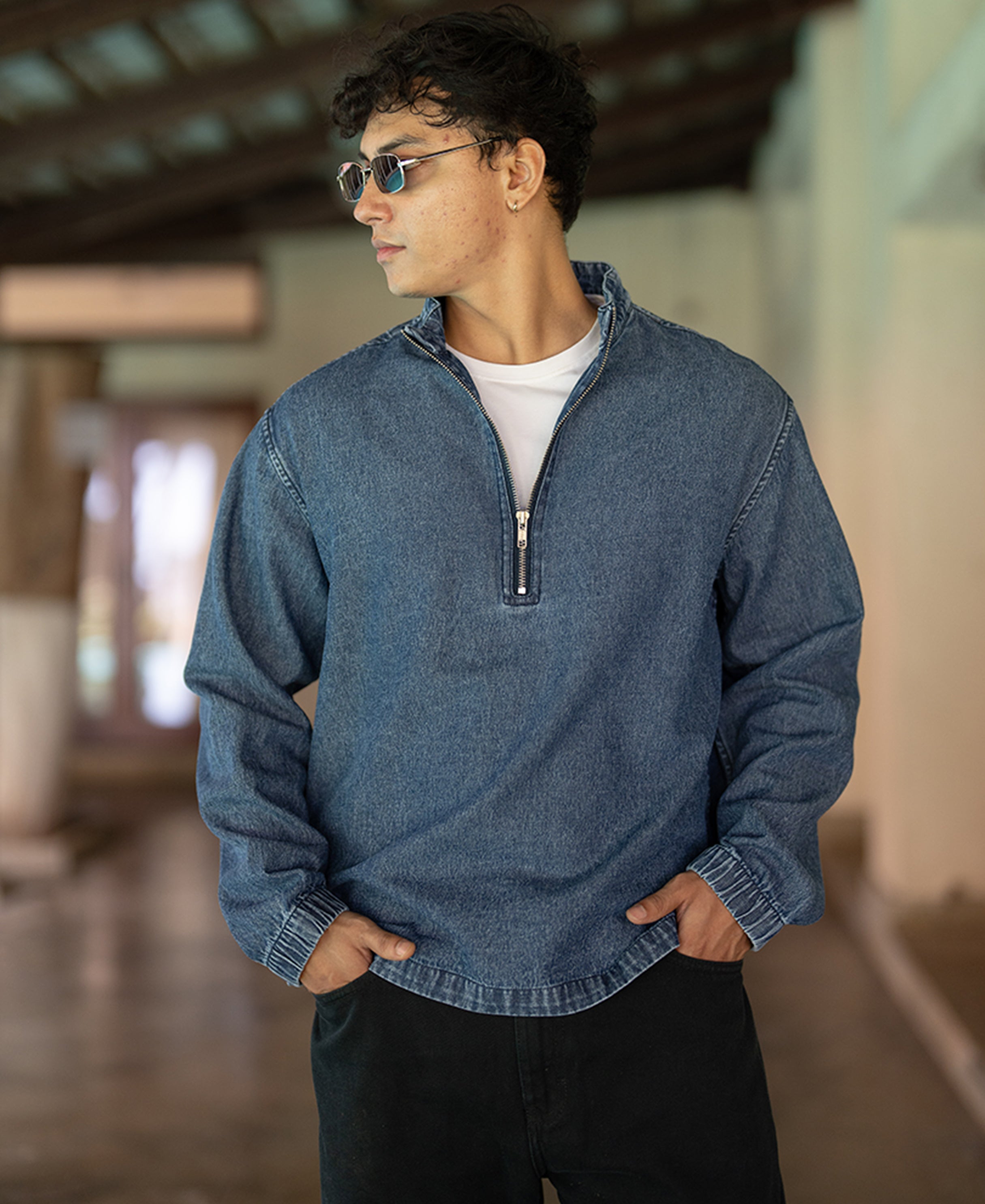 Dark Blue Washed Denim Zipper Shirt