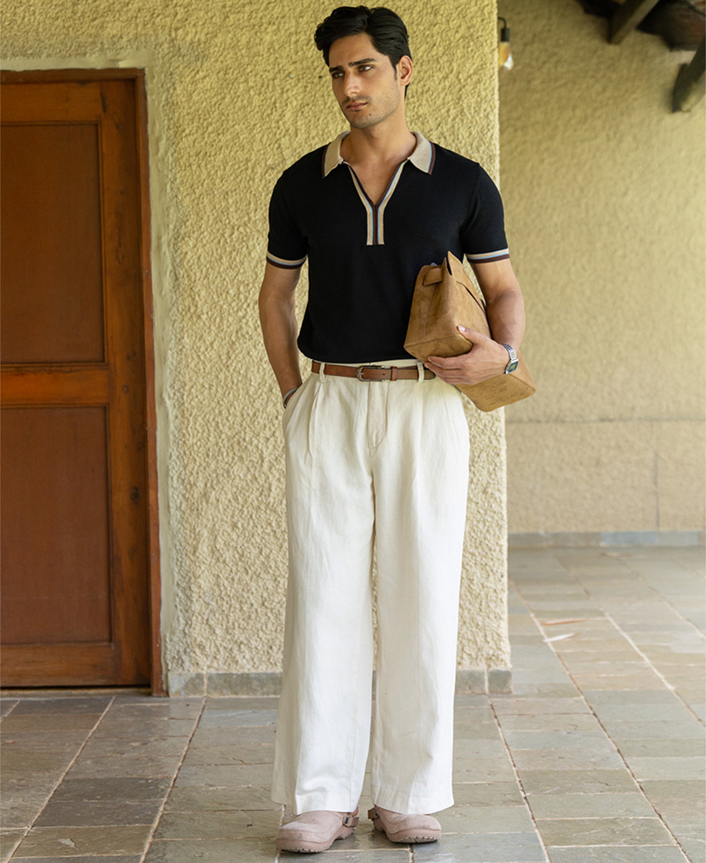 Black Contrast Collar Knit T-Shirt 100% Cotton